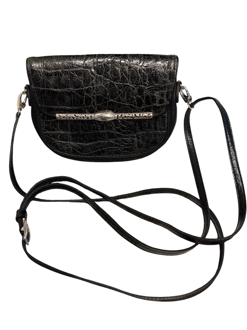 Vintage Brighton Black Leather Croc Embossed Crossbody Bag Silver Filigree